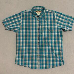 Wrangler Rugged Wear Button-Up Shirt Short Sleeve Plaid White Blue Mens Size XL